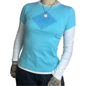Y2K Blue Mandala Symbol Long Sleeve Shirt • Size Small 🦋☁️